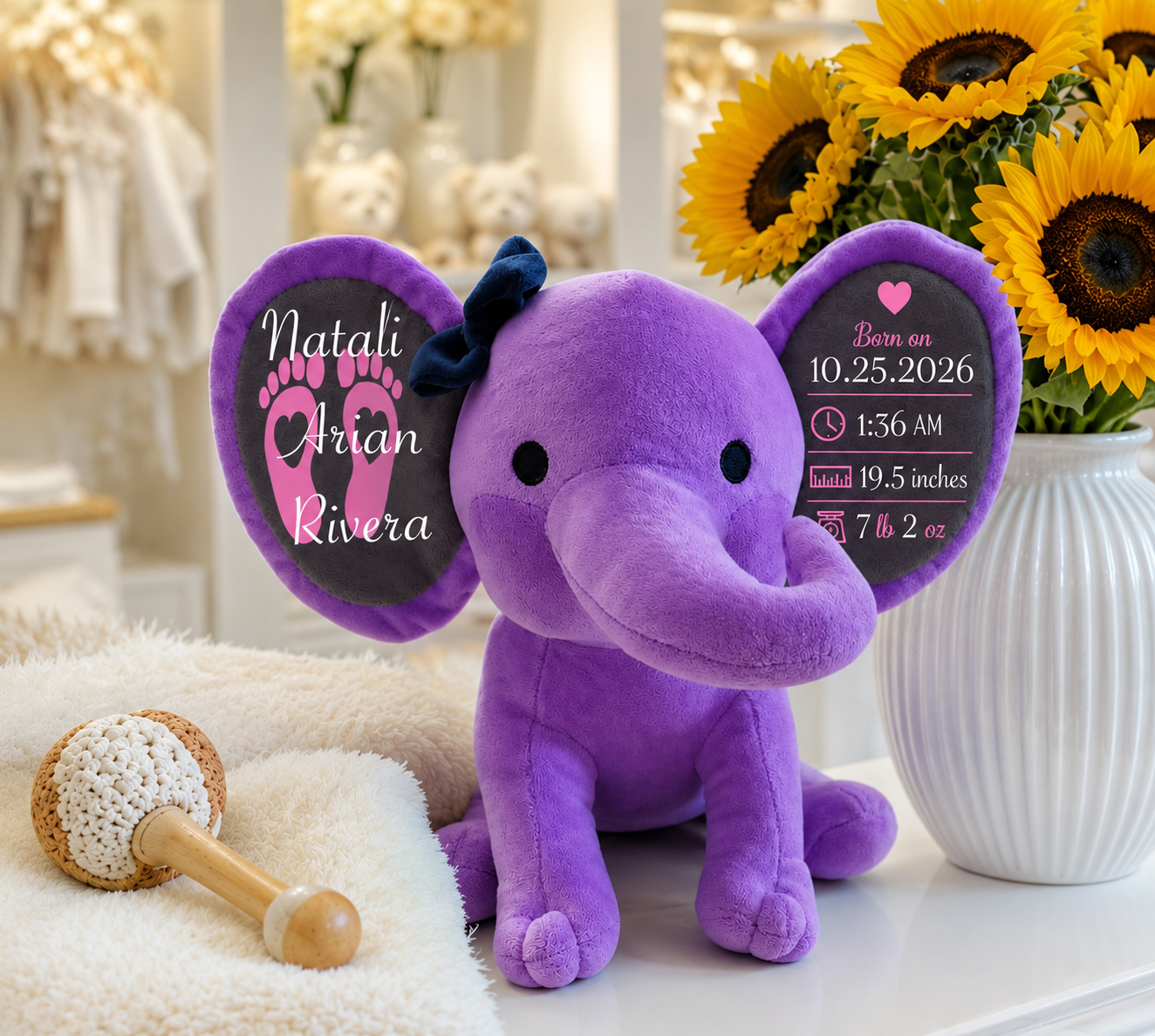 Personalized Baby Elephant Plush | Custom Birth Stats Keepsake | Newborn Baby Shower Gift