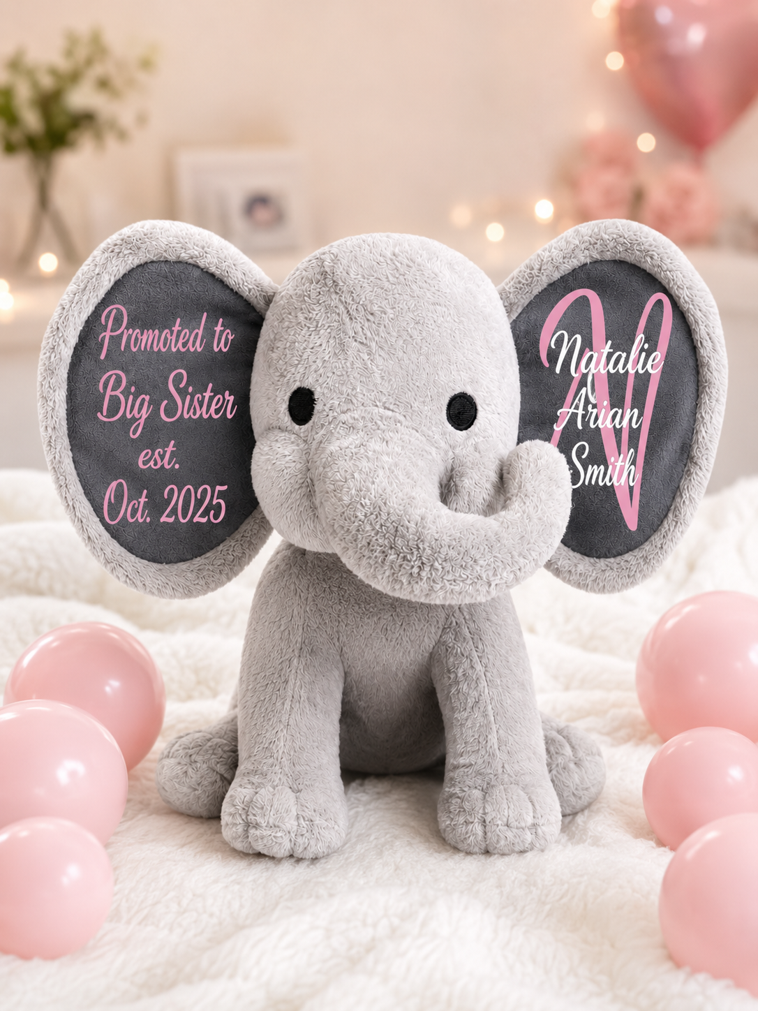 Personalized Baby Elephant Plush | Promoted to Big Sister