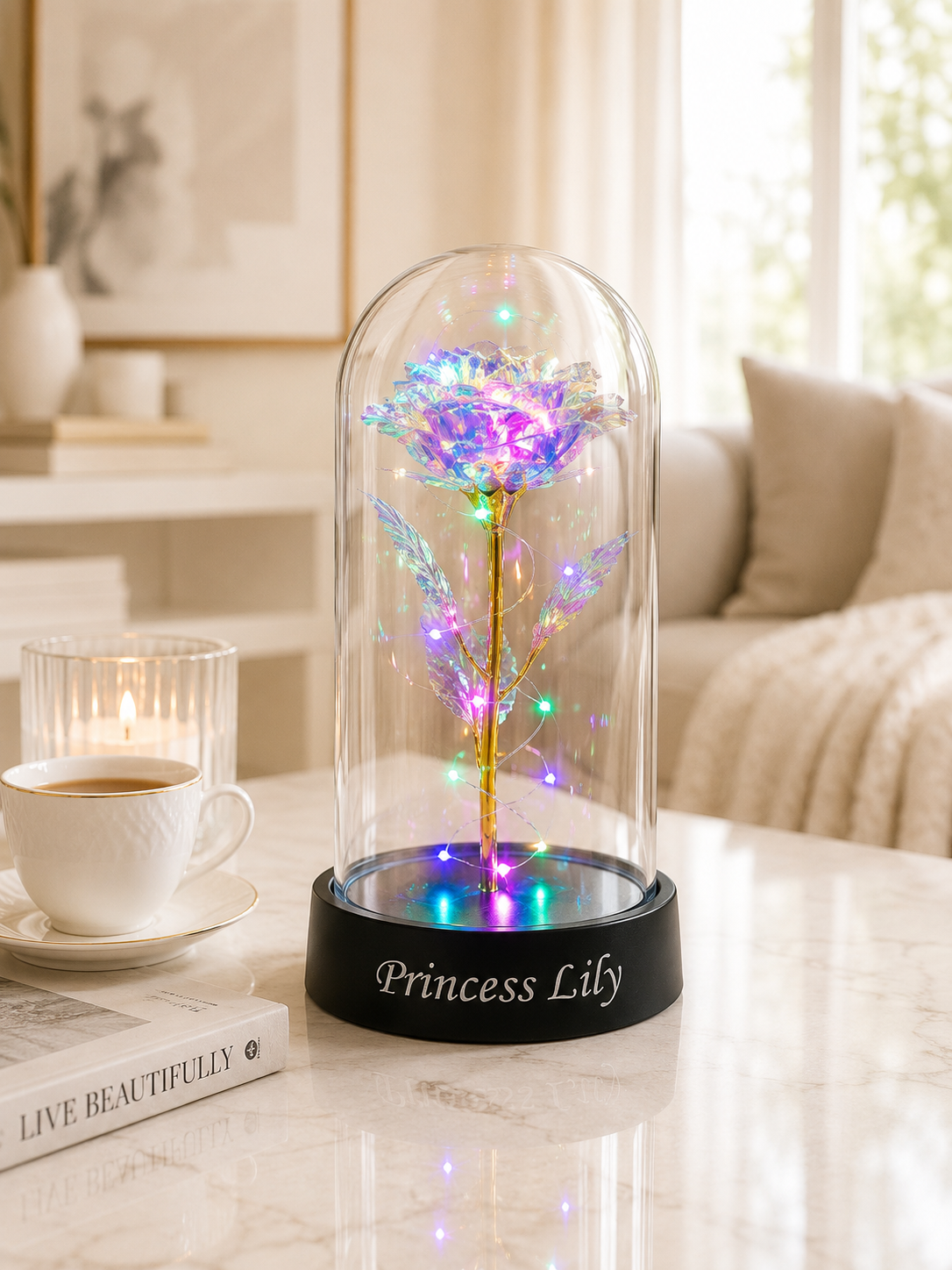 Personalized Galaxy Rose Dome | Enchanted LED Light Anniversary Gift | Romantic Gift for Couples