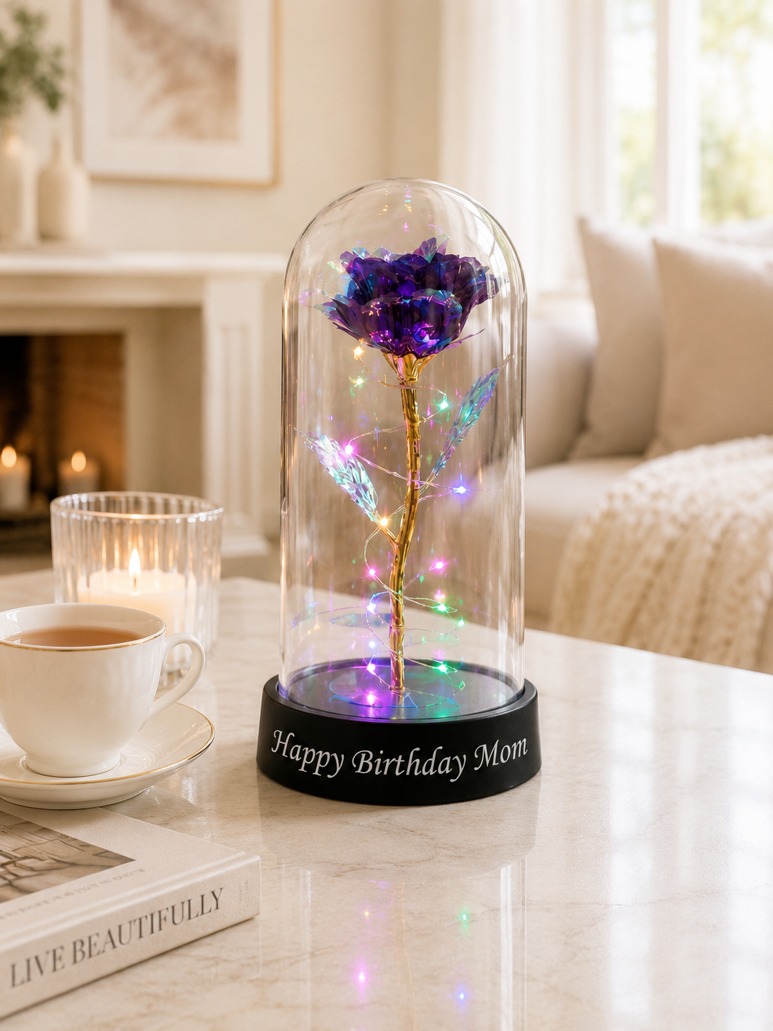 Personalized Galaxy Rose Dome | Enchanted LED Light Anniversary Gift | Romantic Gift for Couples