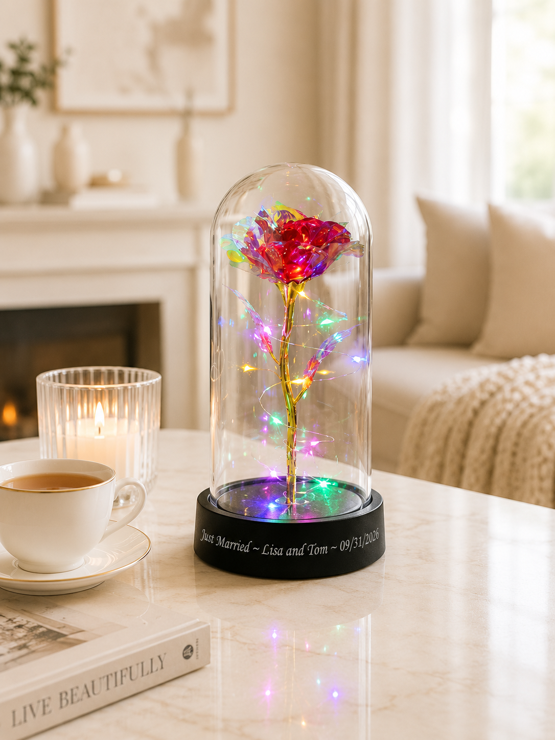Personalized Galaxy Rose Dome | Enchanted LED Light Anniversary Gift | Romantic Gift for Couples