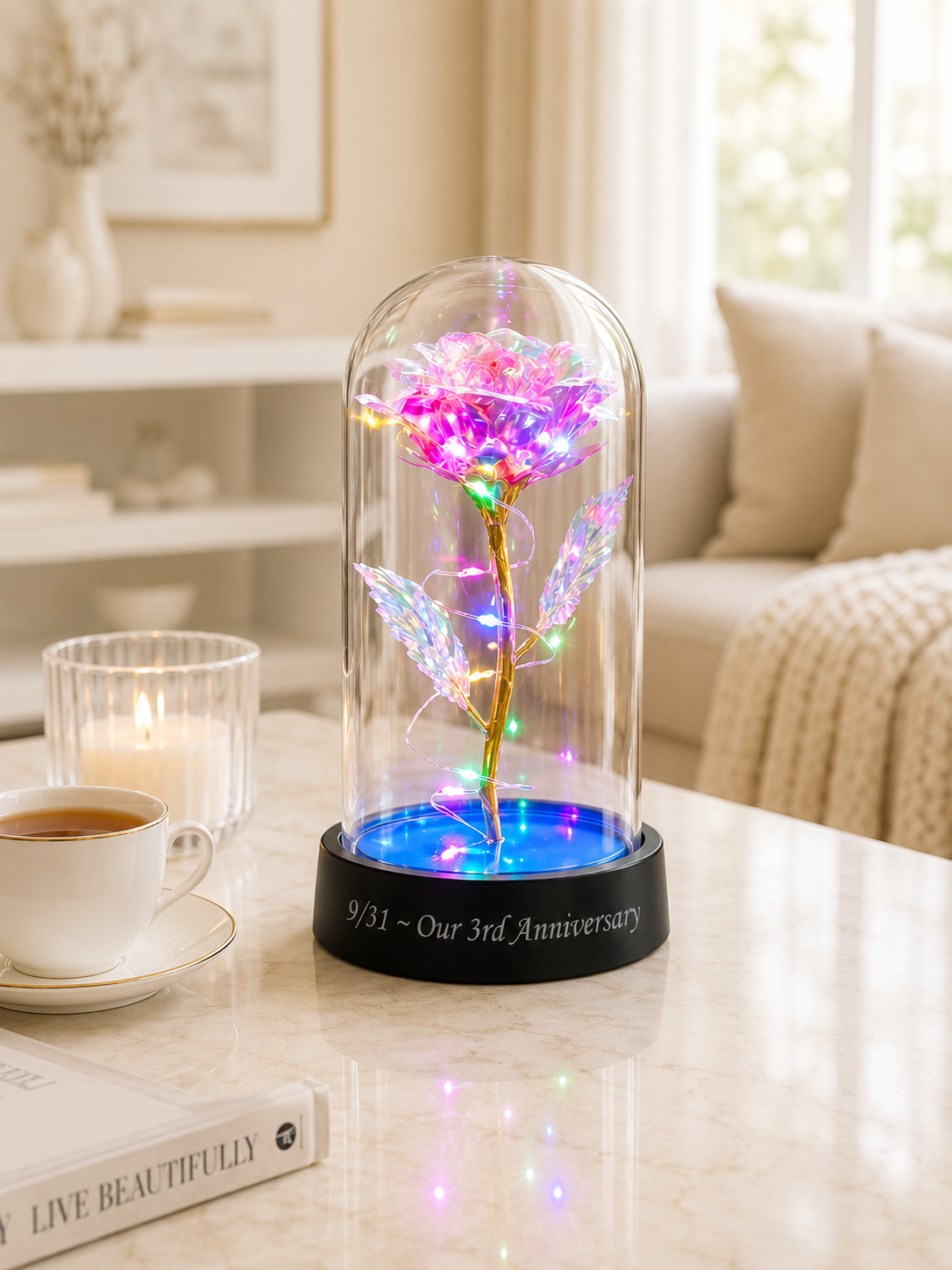 Personalized Galaxy Rose Dome | Enchanted LED Light Anniversary Gift | Romantic Gift for Couples
