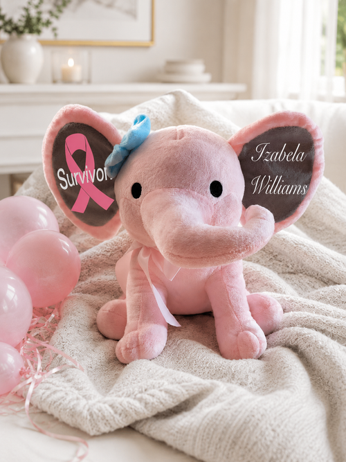 Pink breast cancer awareness elephant plush with pink ribbon and blue bow, personalized with custom name and Survivor message on the ears