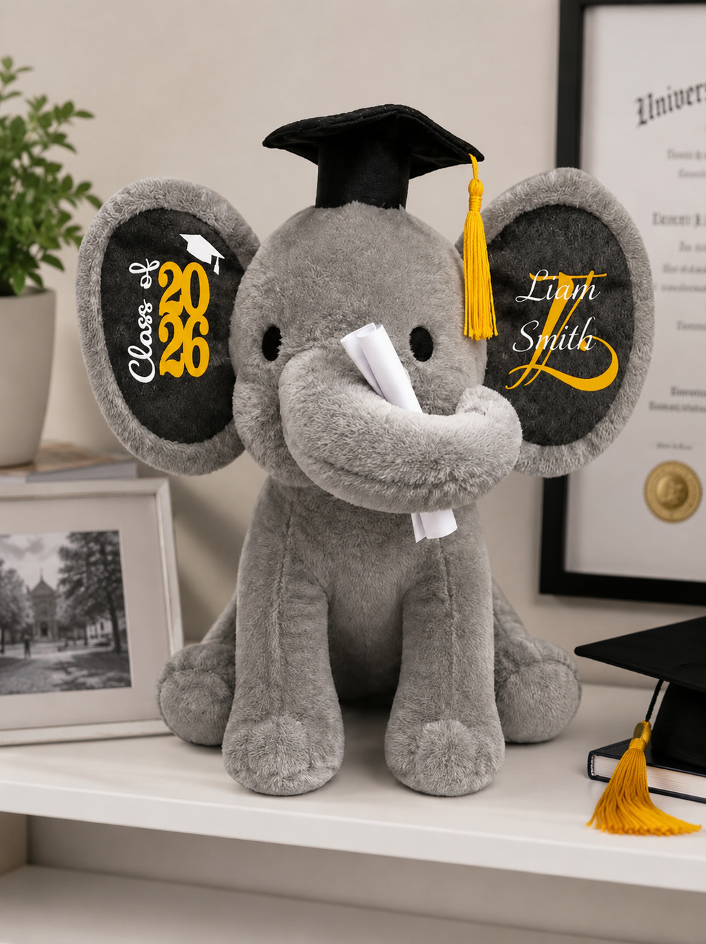 Class of 2027 Personalized Graduation Elephant | Plush Custom Name Gray & Pink Stuffed Animal Keepsake