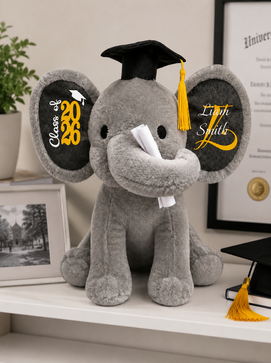 Class of 2027 Personalized Graduation Elephant | Plush Custom Name Gray & Pink Stuffed Animal Keepsake