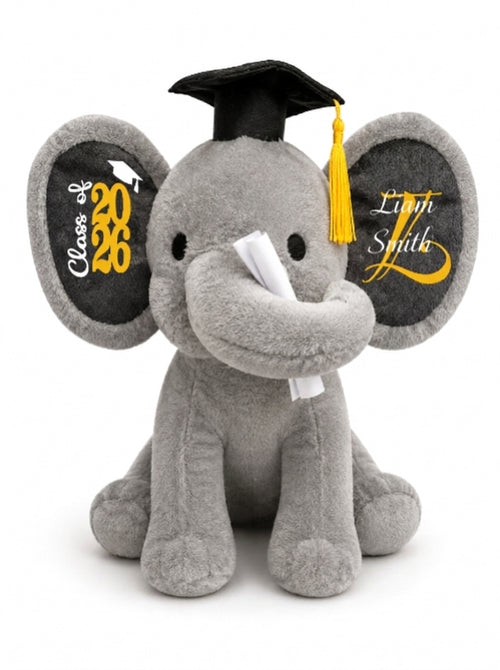 Class of 2027 Personalized Graduation Elephant | Plush Custom Name Gray & Pink Stuffed Animal Keepsake
