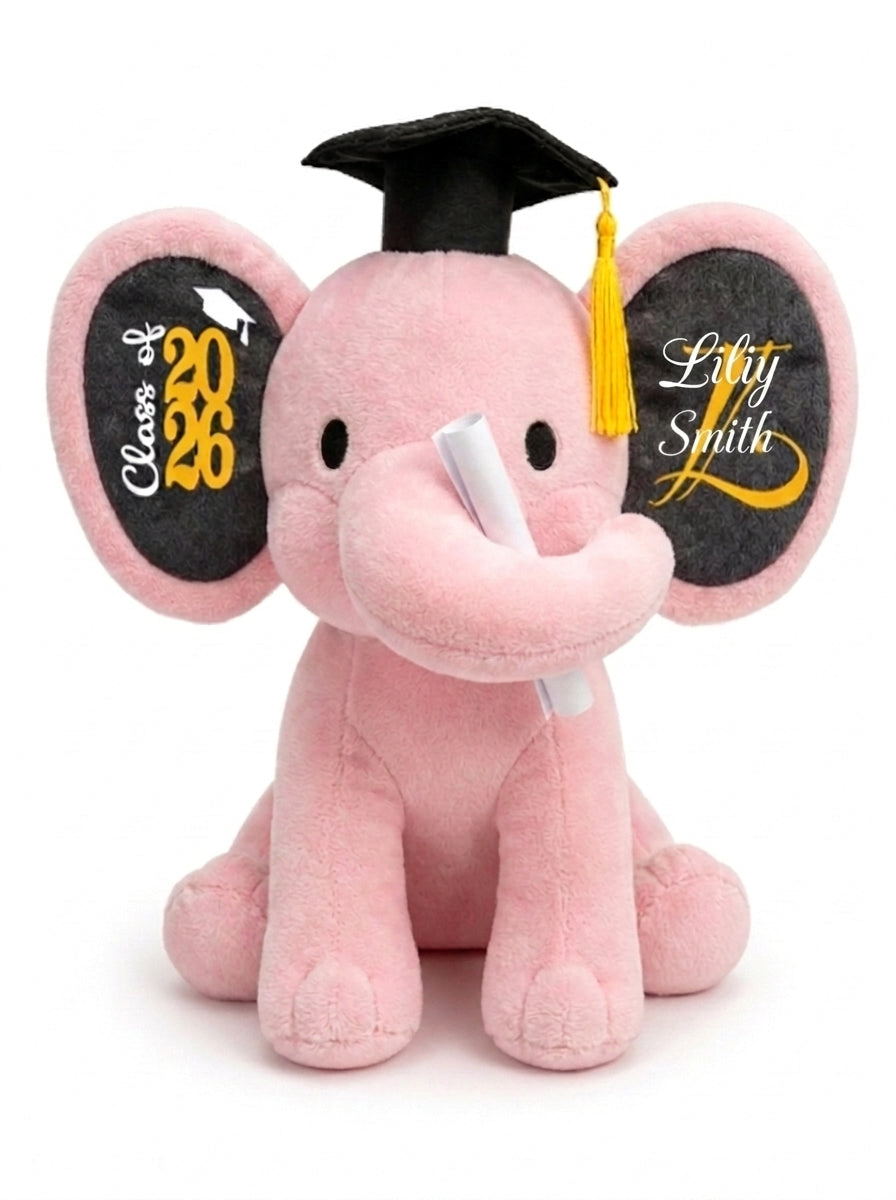 Class of 2027 Personalized Graduation Elephant | Plush Custom Name Gray & Pink Stuffed Animal Keepsake